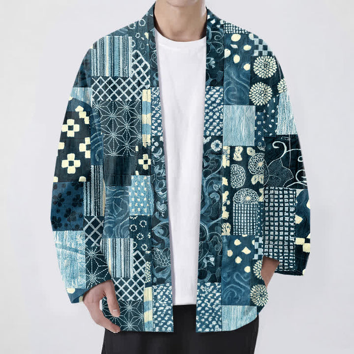 Buddha Stones Kimono homme ouvert sur le devant, en coton à motif patchwork floral vintage. - Sarcelle - US/UK/AU48，EU58 (4XL) - image 6