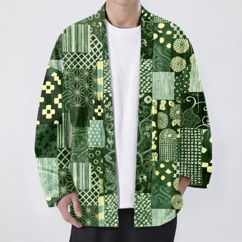 Buddha Stones Kimono homme ouvert sur le devant, en coton à motif patchwork floral vintage. - Vert forêt - US/UK/AU48，EU58 (4XL) - image 9