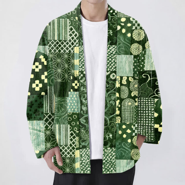Buddha Stones Kimono homme ouvert sur le devant, en coton à motif patchwork floral vintage. - Vert forêt - US/UK/AU48，EU58 (4XL) - image 9