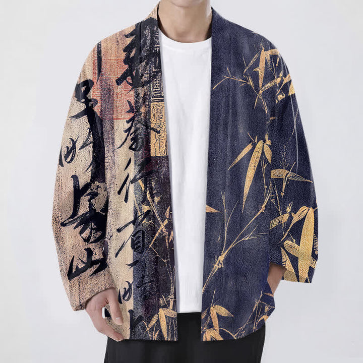 Buddha Stones Kimono pour homme en coton, motif bambou et calligraphie zen, ouvert sur le devant - Marine - US/UK/AU48，EU58 (4XL) - image 0