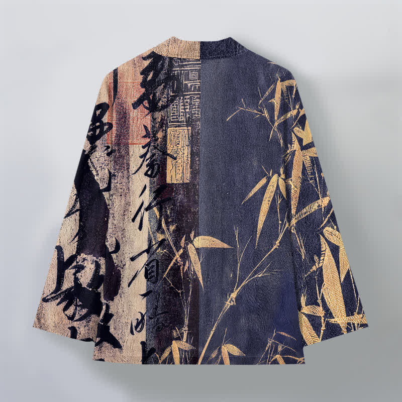 Buddha Stones Kimono pour homme en coton, motif bambou et calligraphie zen, ouvert sur le devant - image 2