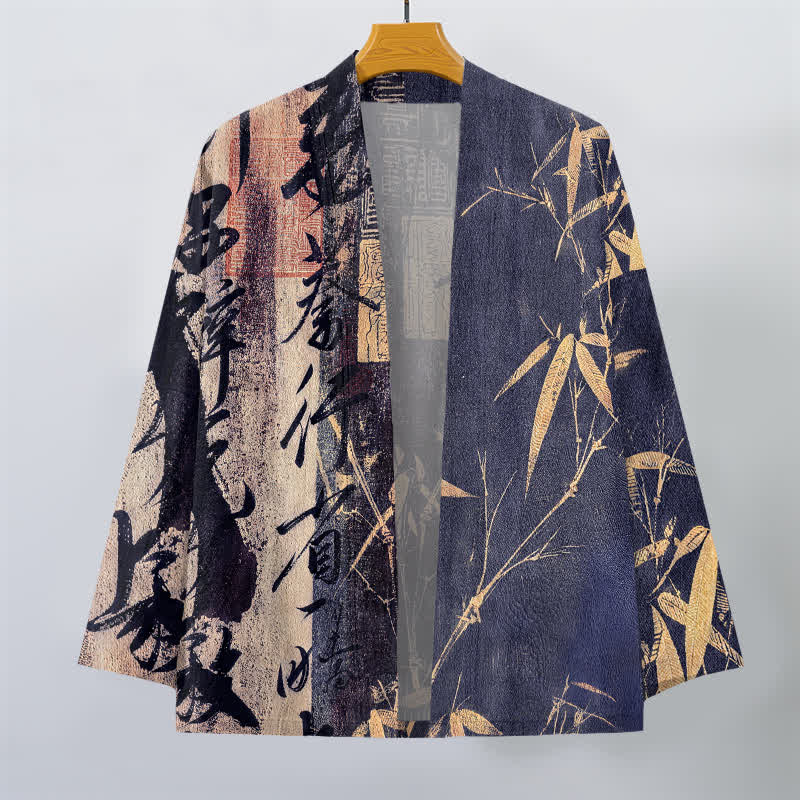 Buddha Stones Kimono pour homme en coton, motif bambou et calligraphie zen, ouvert sur le devant - image 1