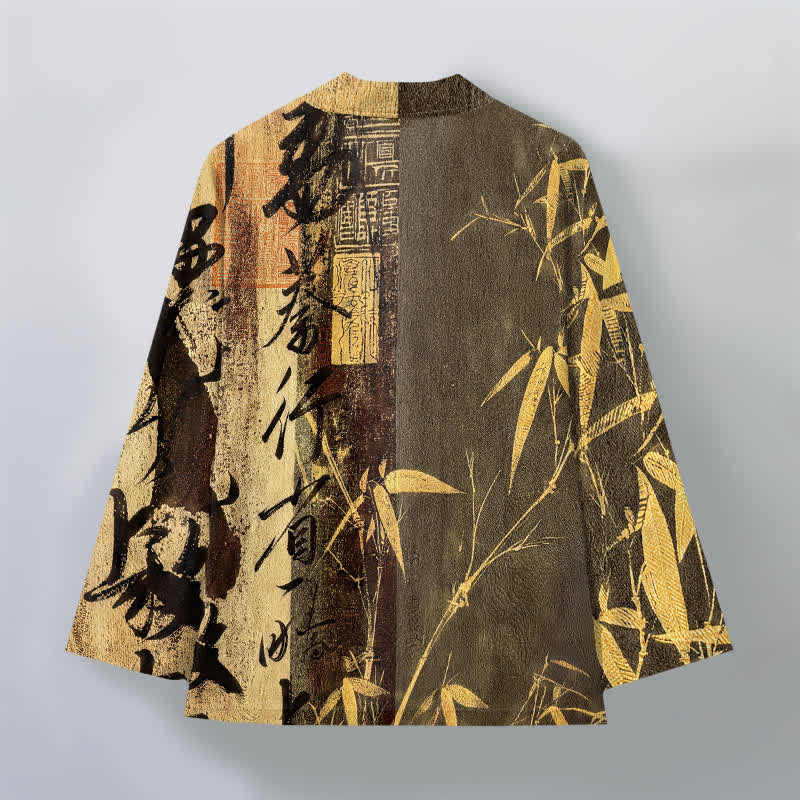Buddha Stones Kimono pour homme en coton, motif bambou et calligraphie zen, ouvert sur le devant - image 8