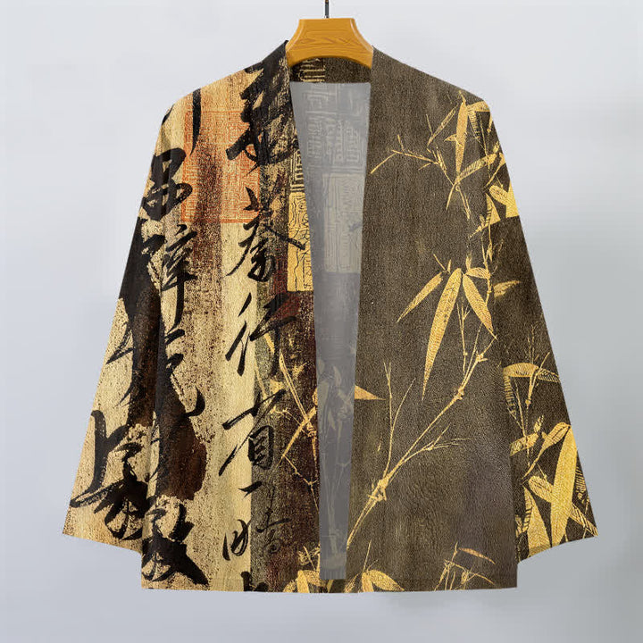 Buddha Stones Kimono pour homme en coton, motif bambou et calligraphie zen, ouvert sur le devant - image 7