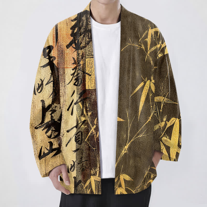 Buddha Stones Kimono pour homme en coton, motif bambou et calligraphie zen, ouvert sur le devant - verge d'or - US/UK/AU48，EU58 (4XL) - image 6