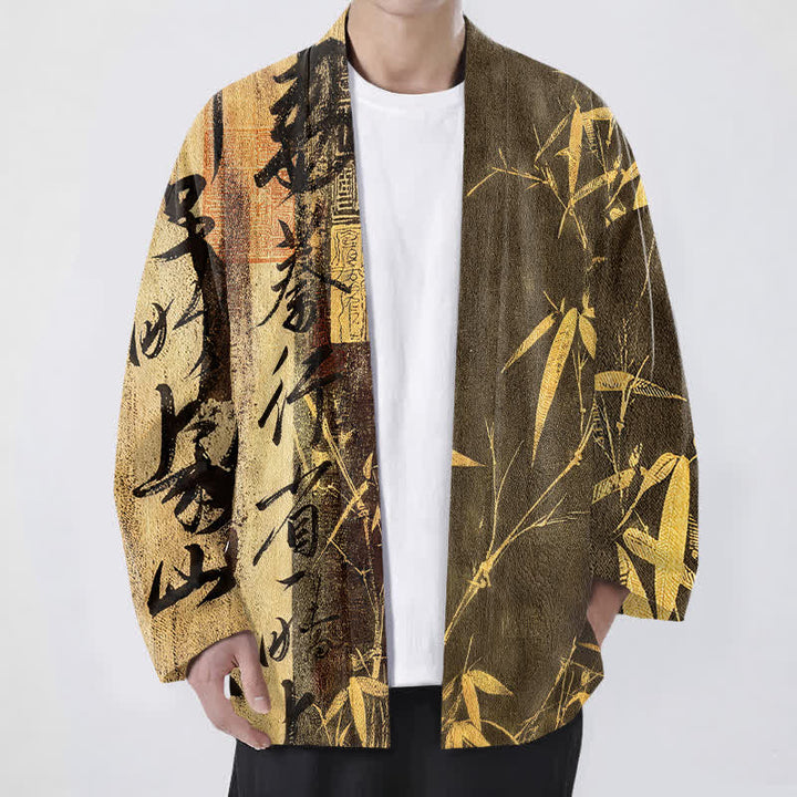 Buddha Stones Kimono pour homme en coton, motif bambou et calligraphie zen, ouvert sur le devant - verge d'or - US/UK/AU48，EU58 (4XL) - image 6