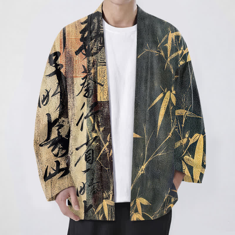 Buddha Stones Kimono pour homme en coton, motif bambou et calligraphie zen, ouvert sur le devant - Gris - US/UK/AU48，EU58 (4XL) - image 9