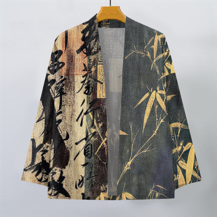 Buddha Stones Kimono pour homme en coton, motif bambou et calligraphie zen, ouvert sur le devant - image 10