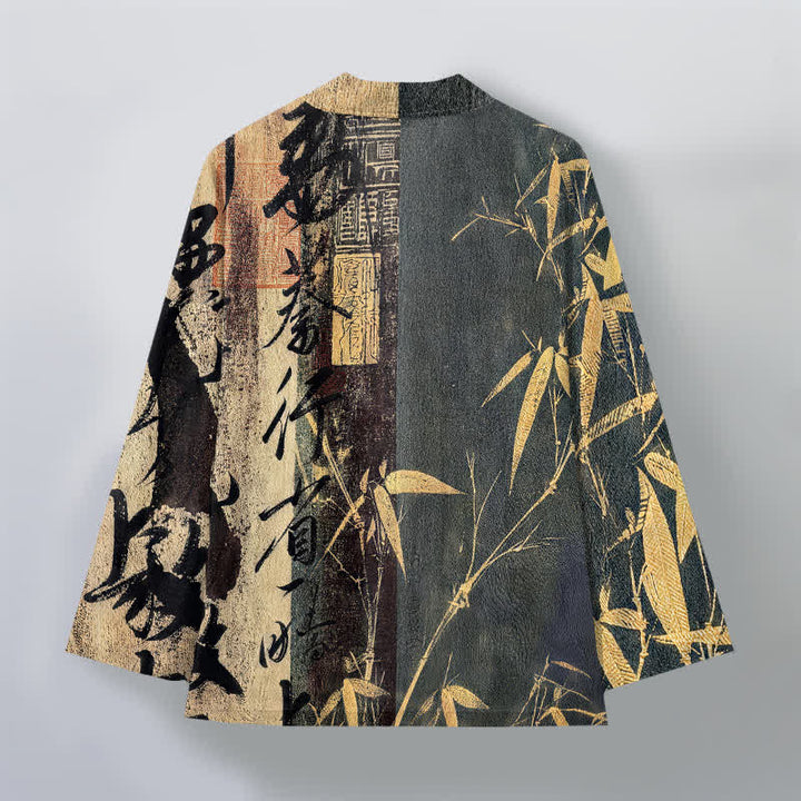 Buddha Stones Kimono pour homme en coton, motif bambou et calligraphie zen, ouvert sur le devant - image 11