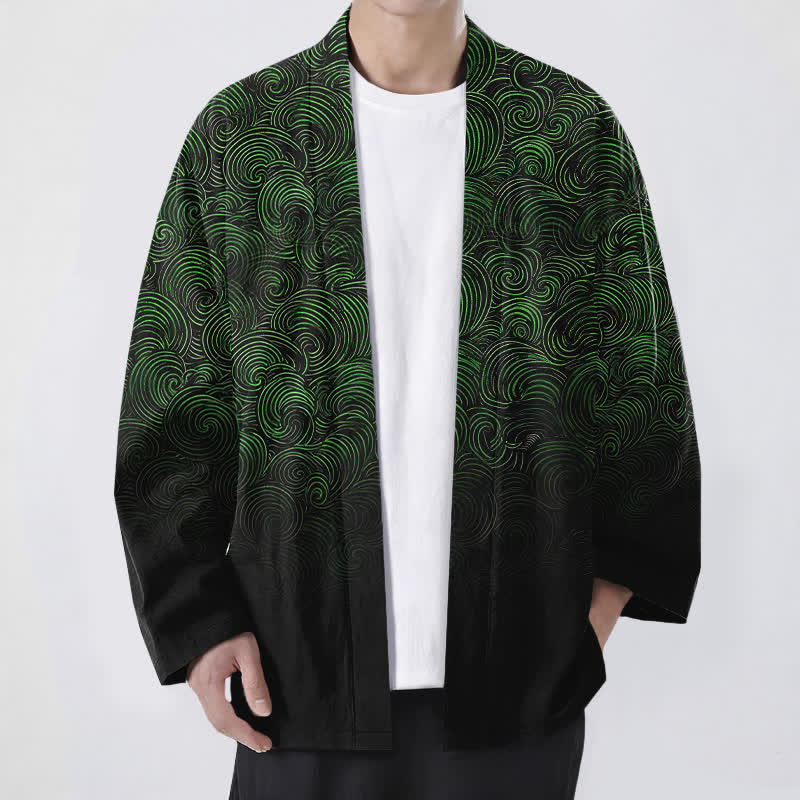 Buddha Stones Kimono pour homme à motif tourbillonnant dégradé en coton, ouvert sur le devant - Vert foncé - US/UK/AU48，EU58 (4XL) - image 0