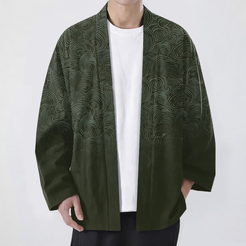 Buddha Stones Kimono pour homme à motif tourbillonnant dégradé en coton, ouvert sur le devant - Vert olive foncé - US/UK/AU48，EU58 (4XL) - image 6