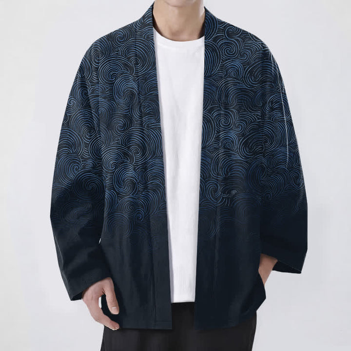Buddha Stones Kimono pour homme à motif tourbillonnant dégradé en coton, ouvert sur le devant - Marine - US/UK/AU48，EU58 (4XL) - image 9