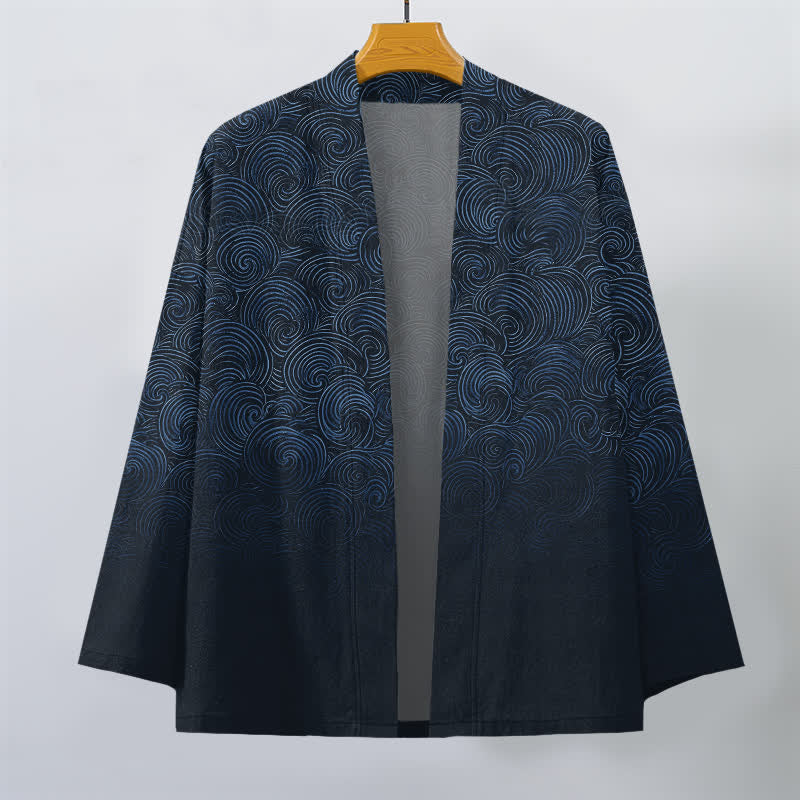 Buddha Stones Kimono pour homme à motif tourbillonnant dégradé en coton, ouvert sur le devant - image 10
