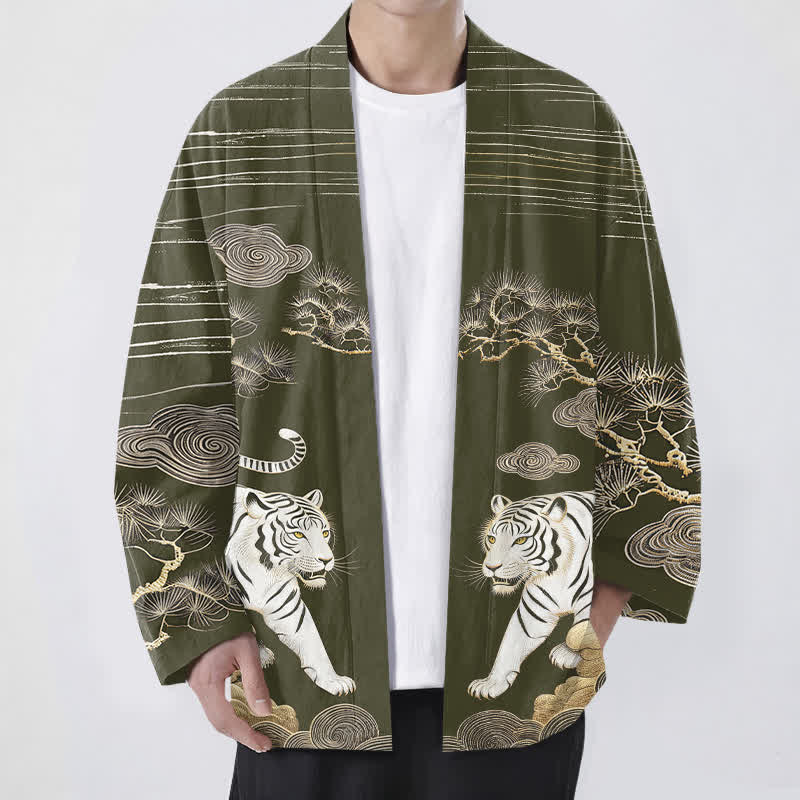 Buddha Stones Kimono pour homme en coton blanc à motif tigre, nuage et pin, ouvert sur le devant - Olive - US/UK/AU48，EU58 (4XL) - image 0
