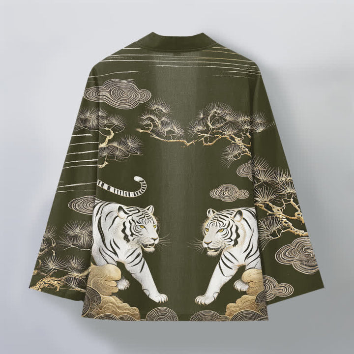 Buddha Stones Kimono pour homme en coton blanc à motif tigre, nuage et pin, ouvert sur le devant - image 2