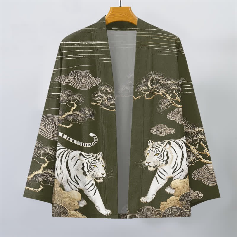 Buddha Stones Kimono pour homme en coton blanc à motif tigre, nuage et pin, ouvert sur le devant - image 1