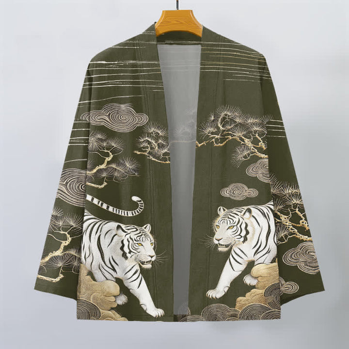 Buddha Stones Kimono pour homme en coton blanc à motif tigre, nuage et pin, ouvert sur le devant - image 1