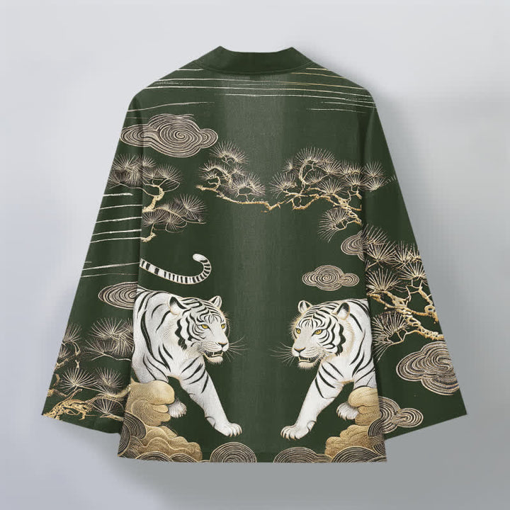 Buddha Stones Kimono pour homme en coton blanc à motif tigre, nuage et pin, ouvert sur le devant - image 8