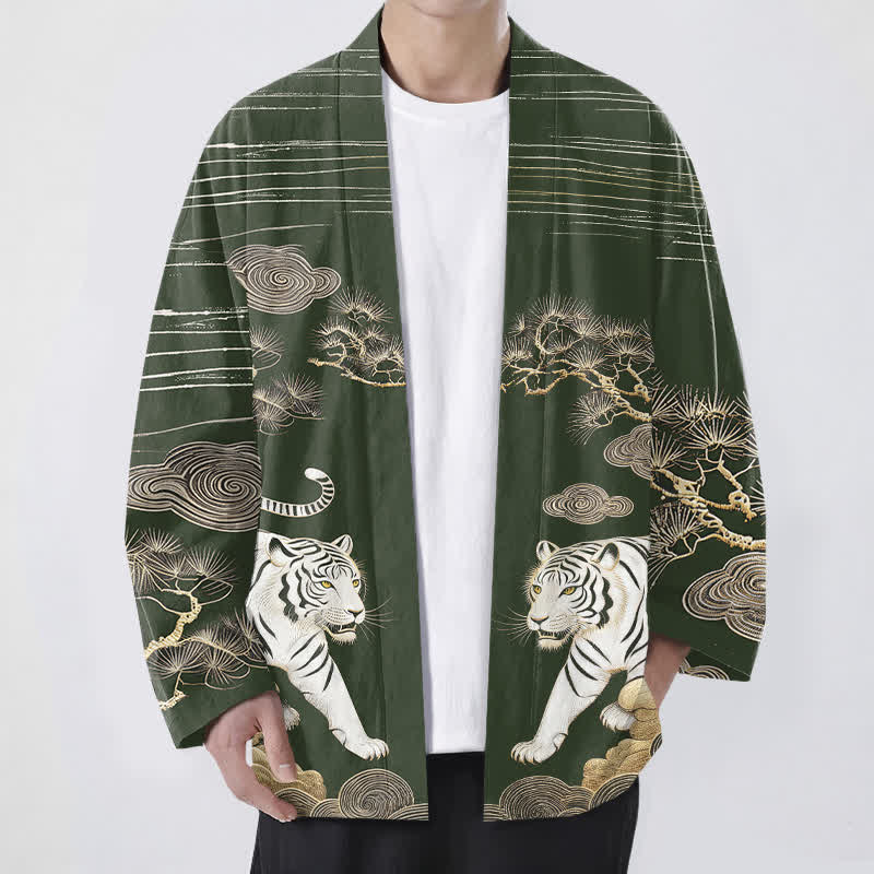 Buddha Stones Kimono pour homme en coton blanc à motif tigre, nuage et pin, ouvert sur le devant - Vert foncé - US/UK/AU48，EU58 (4XL) - image 6