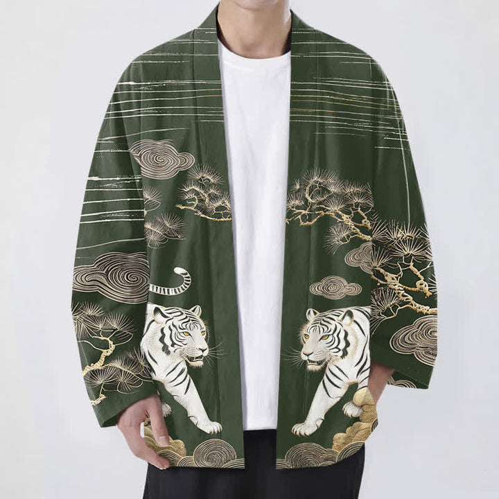 Buddha Stones Kimono pour homme en coton blanc à motif tigre, nuage et pin, ouvert sur le devant - Vert foncé - US/UK/AU48，EU58 (4XL) - image 6