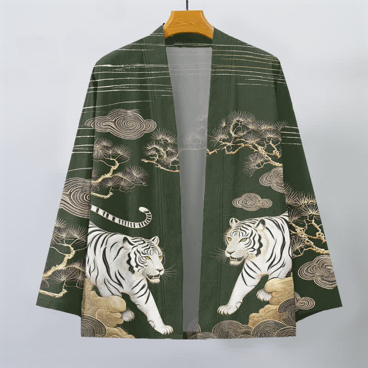 Buddha Stones Kimono pour homme en coton blanc à motif tigre, nuage et pin, ouvert sur le devant - image 7