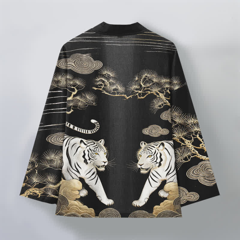 Buddha Stones Kimono pour homme en coton blanc à motif tigre, nuage et pin, ouvert sur le devant - image 11