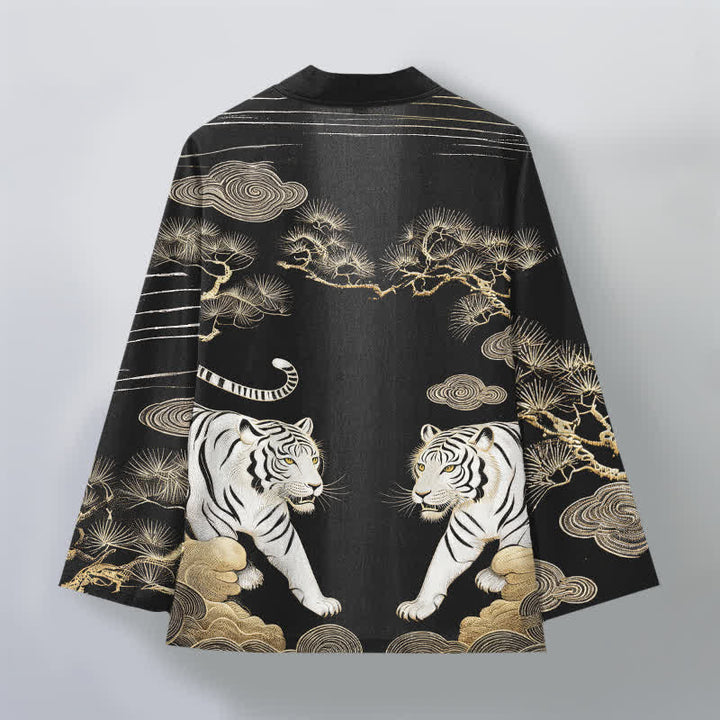 Buddha Stones Kimono pour homme en coton blanc à motif tigre, nuage et pin, ouvert sur le devant - image 11
