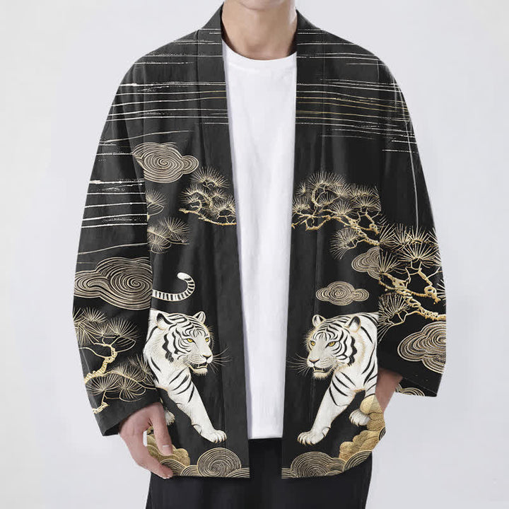 Buddha Stones Kimono pour homme en coton blanc à motif tigre, nuage et pin, ouvert sur le devant - Noir - US/UK/AU48，EU58 (4XL) - image 9