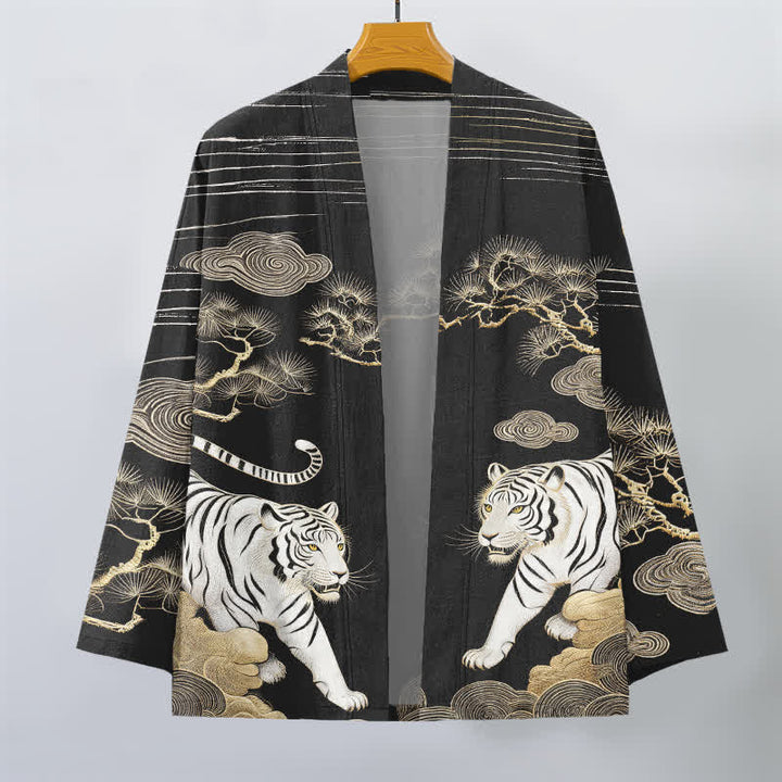 Buddha Stones Kimono pour homme en coton blanc à motif tigre, nuage et pin, ouvert sur le devant - image 10