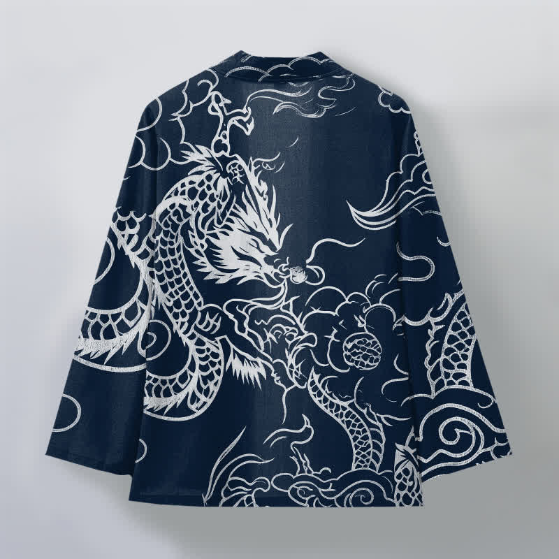 Buddha Stones Kimono pour homme en coton, motif traditionnel de dragon et de nuage, ouvert sur le devant. - image 2