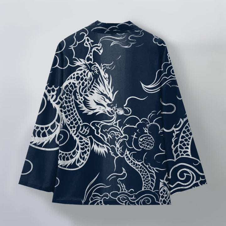 Buddha Stones Kimono pour homme en coton, motif traditionnel de dragon et de nuage, ouvert sur le devant. - image 2