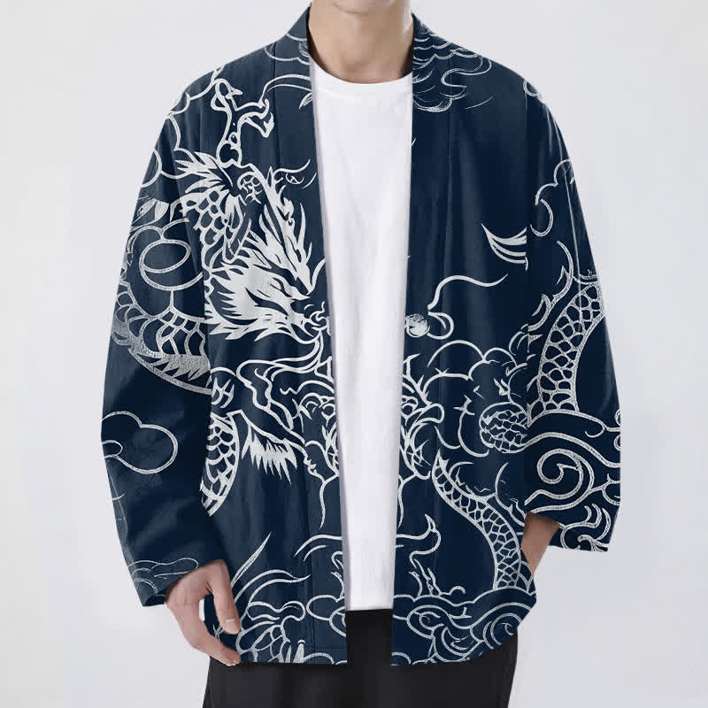Buddha Stones Kimono pour homme en coton, motif traditionnel de dragon et de nuage, ouvert sur le devant. - Marine - US/UK/AU48，EU58 (4XL) - image 0