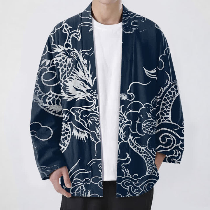 Buddha Stones Kimono pour homme en coton, motif traditionnel de dragon et de nuage, ouvert sur le devant. - Marine - US/UK/AU48，EU58 (4XL) - image 0