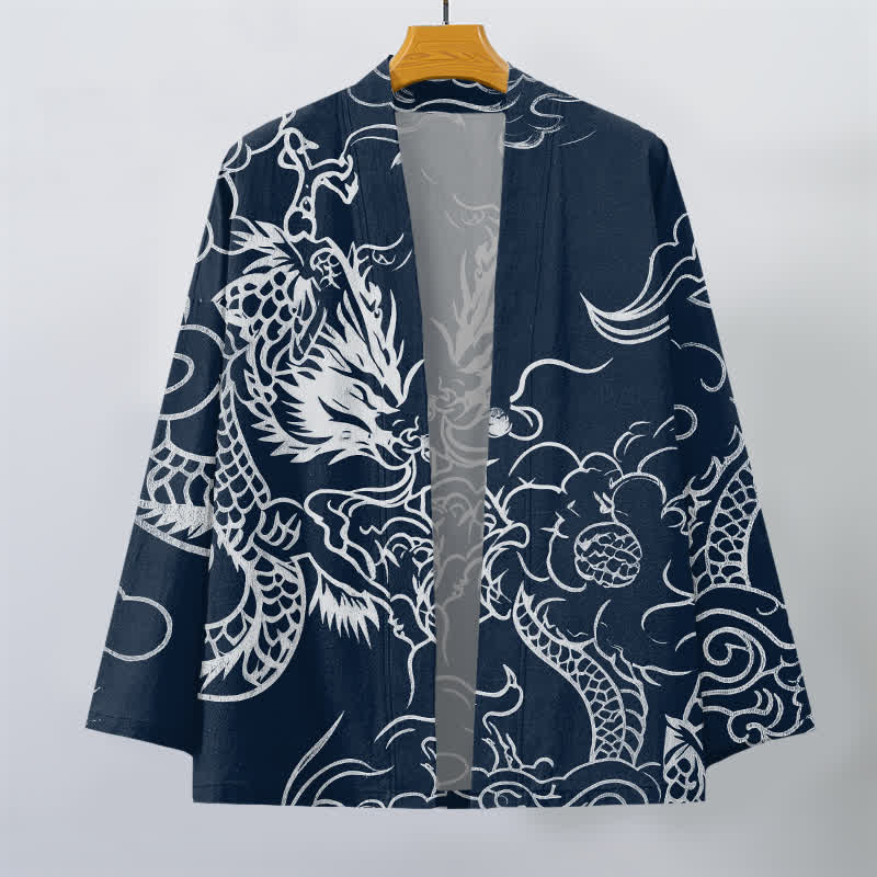 Buddha Stones Kimono pour homme en coton, motif traditionnel de dragon et de nuage, ouvert sur le devant. - image 1