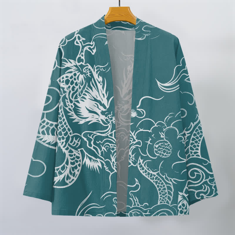 Buddha Stones Kimono pour homme en coton, motif traditionnel de dragon et de nuage, ouvert sur le devant. - image 7