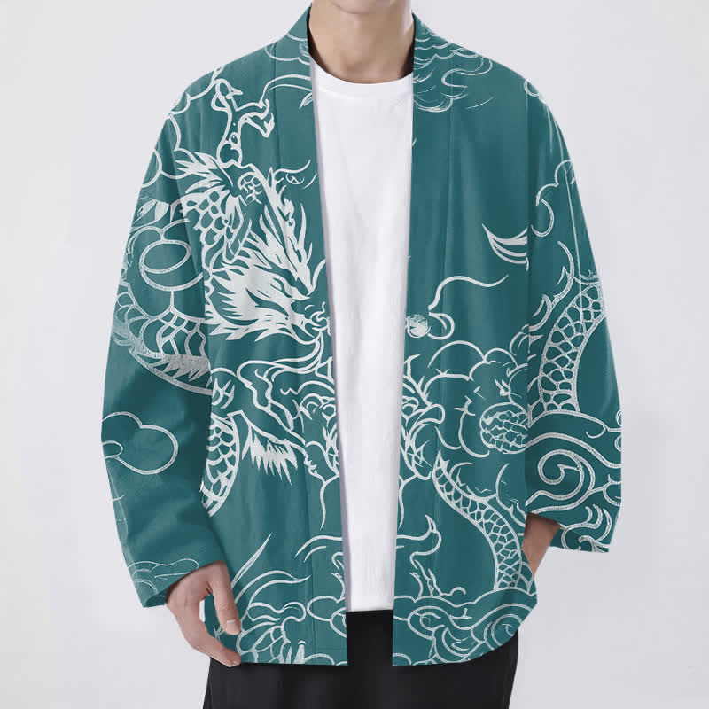 Buddha Stones Kimono pour homme en coton, motif traditionnel de dragon et de nuage, ouvert sur le devant. - Sarcelle - US/UK/AU48，EU58 (4XL) - image 6