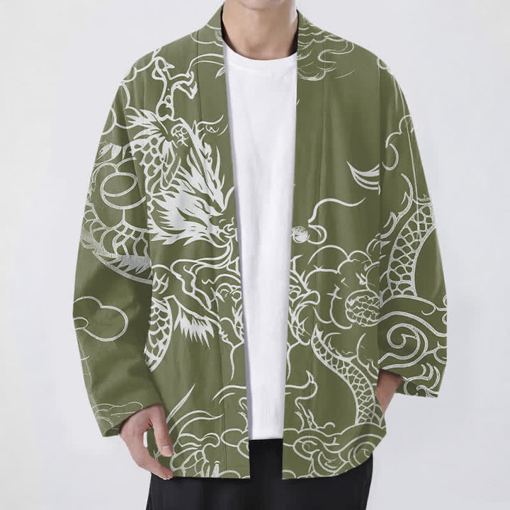 Buddha Stones Kimono pour homme en coton, motif traditionnel de dragon et de nuage, ouvert sur le devant. - Vert olive - US/UK/AU48，EU58 (4XL) - image 9