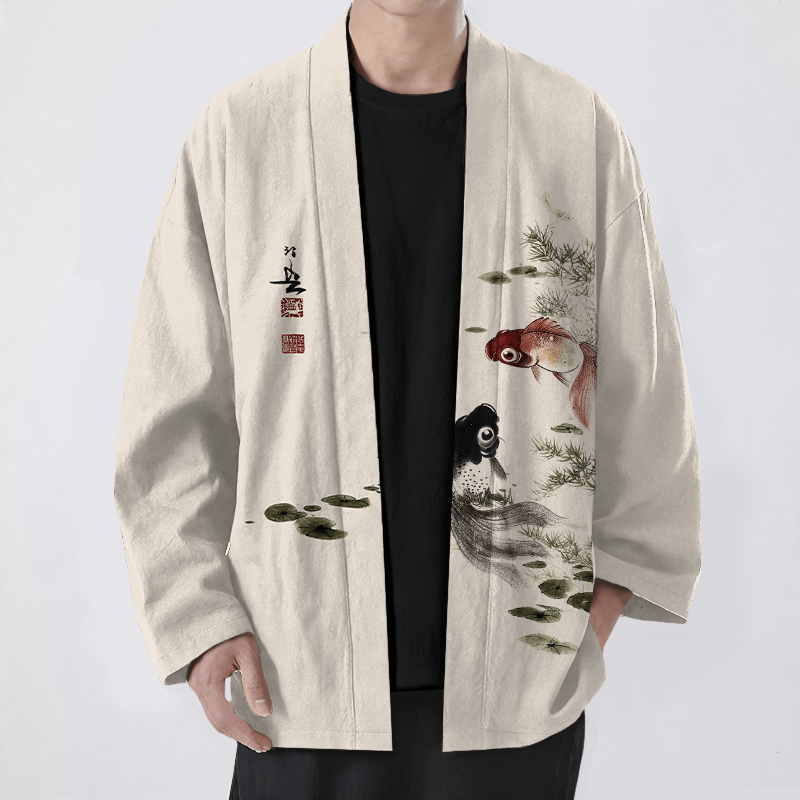 Buddha Stones Kimono pour homme en coton rouge et noir à motif de carpes koï et de lotus, ouvert sur le devant - Beige - US/UK/AU48，EU58 (4XL) - image 0