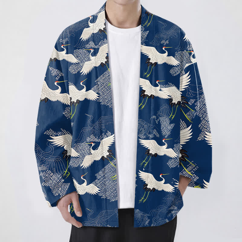Buddha Stones Kimono pour homme en coton blanc à motif de grues ondulées, ouvert sur le devant - Marine - US/UK/AU48，EU58 (4XL) - image 0