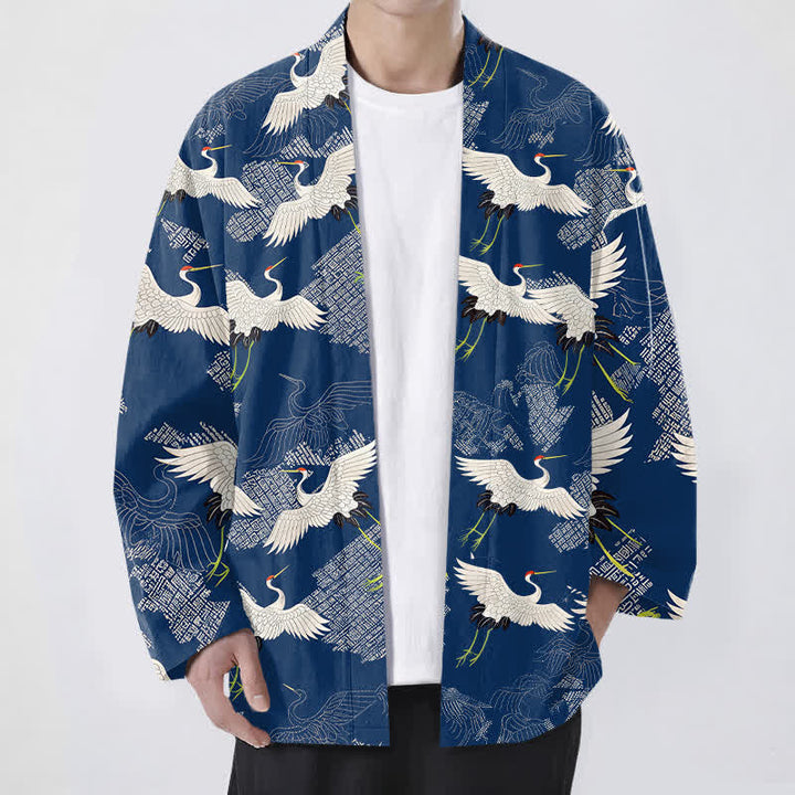 Buddha Stones Kimono pour homme en coton blanc à motif de grues ondulées, ouvert sur le devant - Marine - US/UK/AU48，EU58 (4XL) - image 0