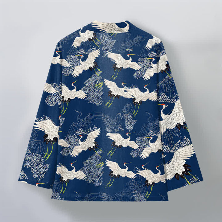 Buddha Stones Kimono pour homme en coton blanc à motif de grues ondulées, ouvert sur le devant - image 2