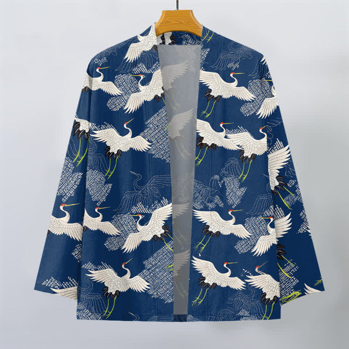 Buddha Stones Kimono pour homme en coton blanc à motif de grues ondulées, ouvert sur le devant - image 1