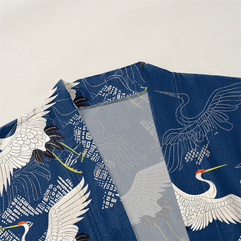 Buddha Stones Kimono pour homme en coton blanc à motif de grues ondulées, ouvert sur le devant - image 3