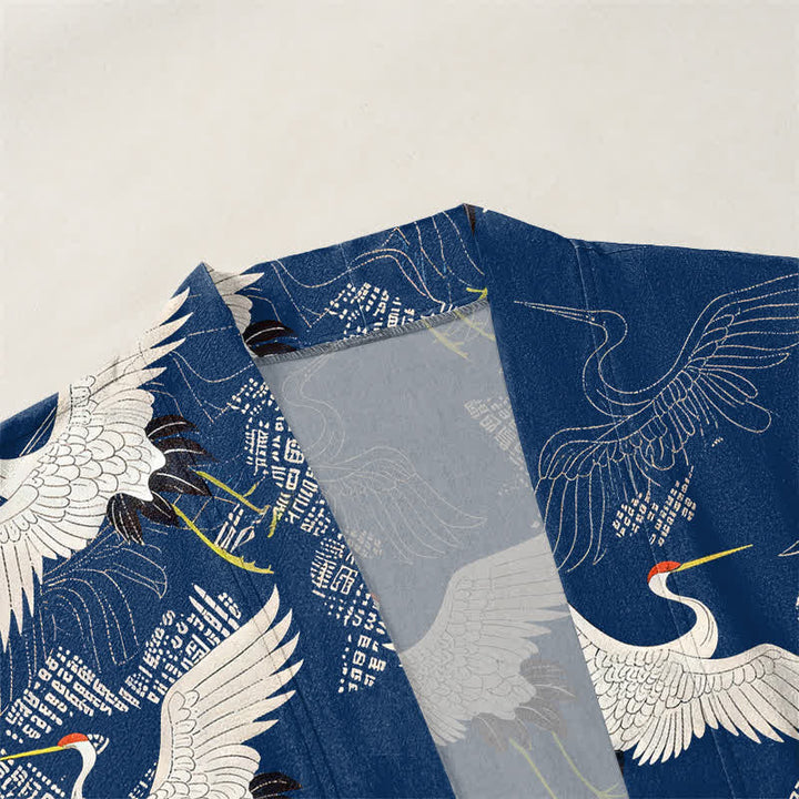 Buddha Stones Kimono pour homme en coton blanc à motif de grues ondulées, ouvert sur le devant - image 3
