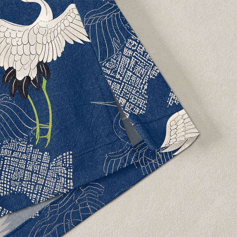 Buddha Stones Kimono pour homme en coton blanc à motif de grues ondulées, ouvert sur le devant - image 4