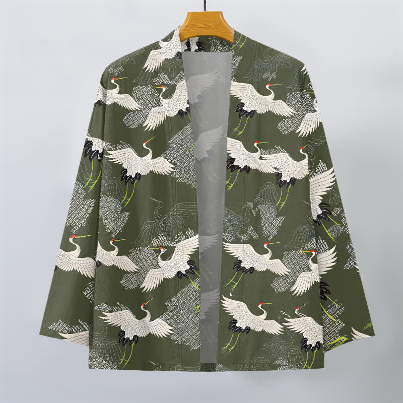Buddha Stones Kimono pour homme en coton blanc à motif de grues ondulées, ouvert sur le devant - image 7