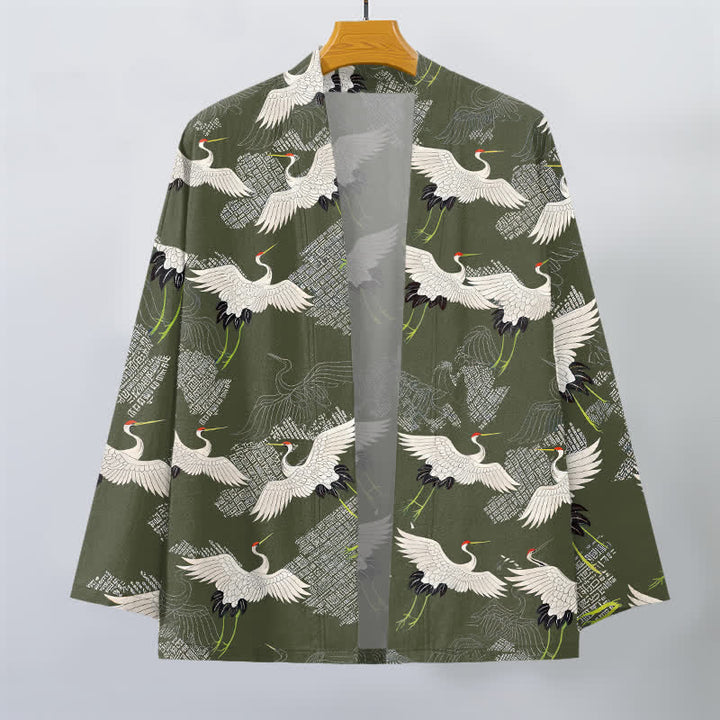 Buddha Stones Kimono pour homme en coton blanc à motif de grues ondulées, ouvert sur le devant - image 7