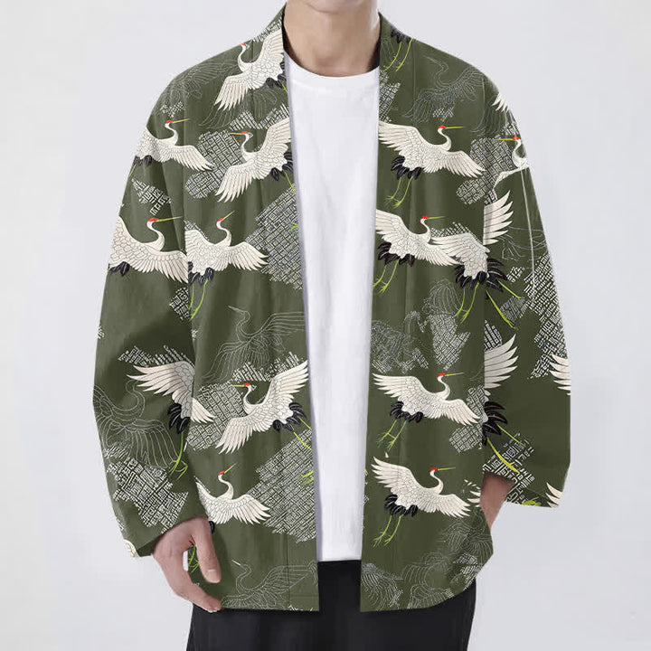 Buddha Stones Kimono pour homme en coton blanc à motif de grues ondulées, ouvert sur le devant - Vert olive - US/UK/AU48，EU58 (4XL) - image 6