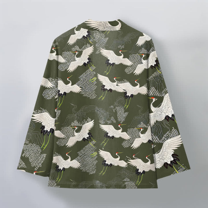 Buddha Stones Kimono pour homme en coton blanc à motif de grues ondulées, ouvert sur le devant - image 8