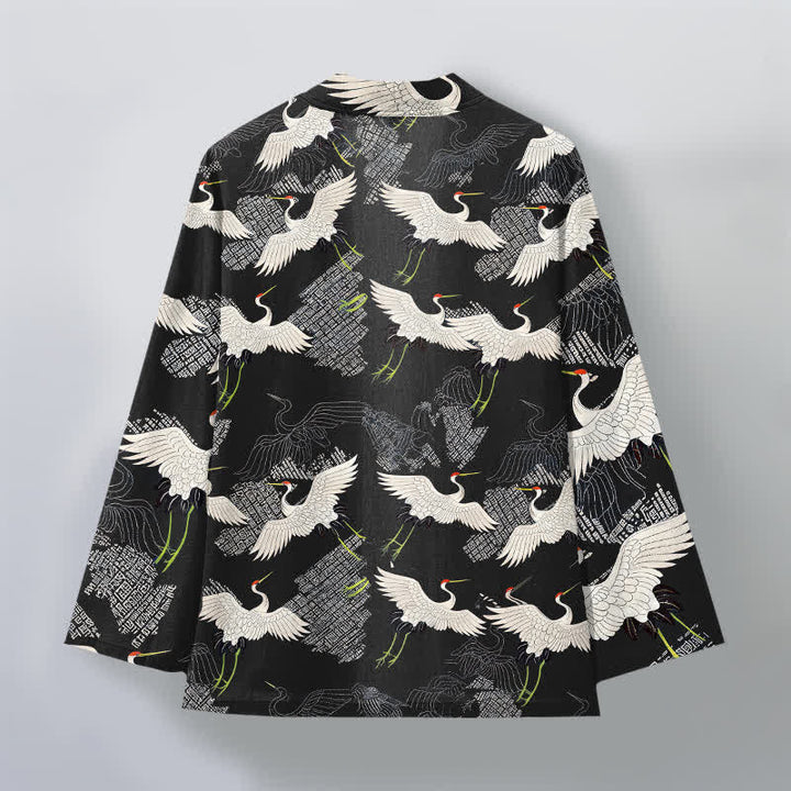 Buddha Stones Kimono pour homme en coton blanc à motif de grues ondulées, ouvert sur le devant - image 11
